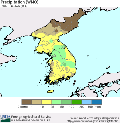 Korea Precipitation (WMO) Thematic Map For 3/7/2022 - 3/13/2022