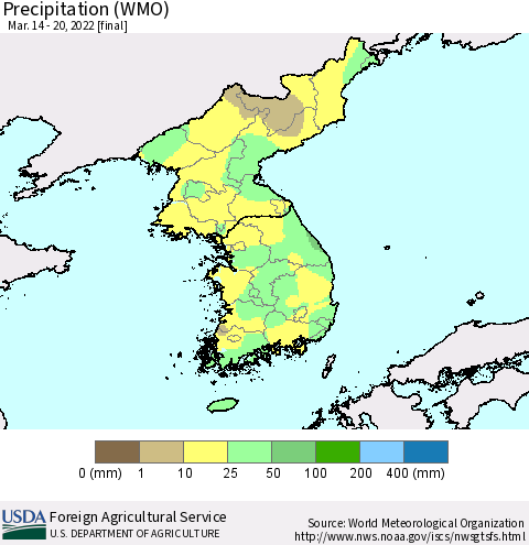 Korea Precipitation (WMO) Thematic Map For 3/14/2022 - 3/20/2022