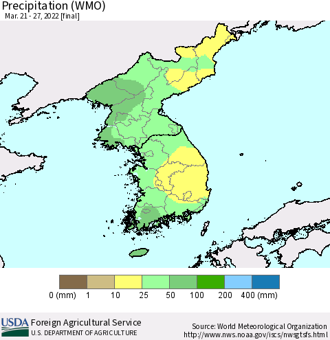 Korea Precipitation (WMO) Thematic Map For 3/21/2022 - 3/27/2022