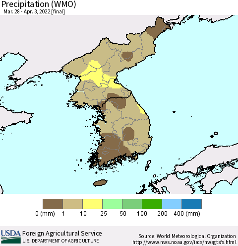 Korea Precipitation (WMO) Thematic Map For 3/28/2022 - 4/3/2022