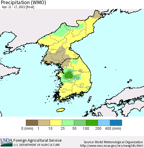 Korea Precipitation (WMO) Thematic Map For 4/11/2022 - 4/17/2022