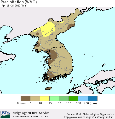 Korea Precipitation (WMO) Thematic Map For 4/18/2022 - 4/24/2022