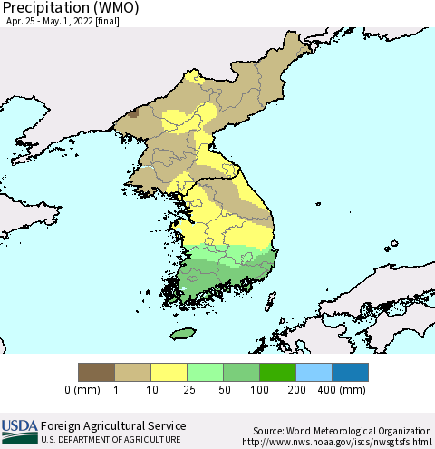Korea Precipitation (WMO) Thematic Map For 4/25/2022 - 5/1/2022