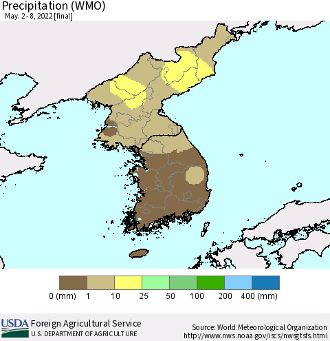 Korea Precipitation (WMO) Thematic Map For 5/2/2022 - 5/8/2022