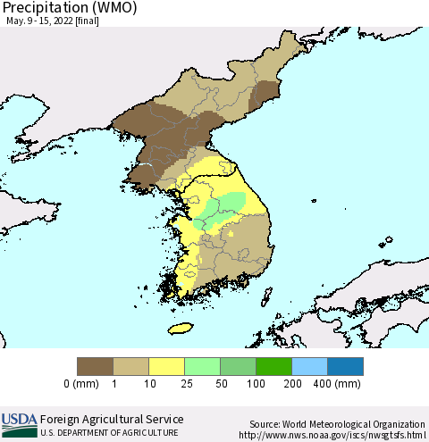 Korea Precipitation (WMO) Thematic Map For 5/9/2022 - 5/15/2022