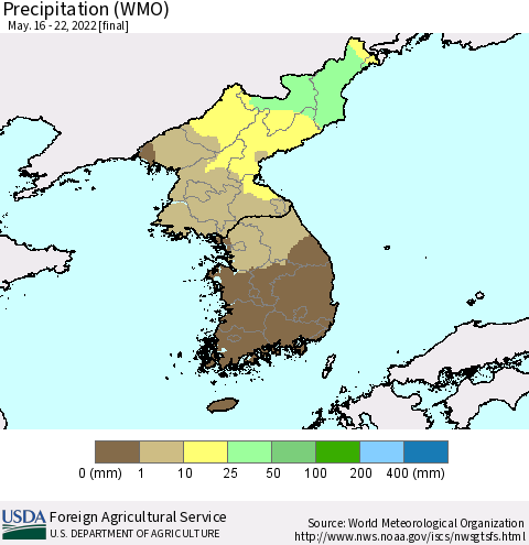 Korea Precipitation (WMO) Thematic Map For 5/16/2022 - 5/22/2022