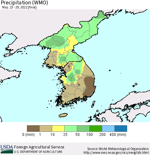 Korea Precipitation (WMO) Thematic Map For 5/23/2022 - 5/29/2022