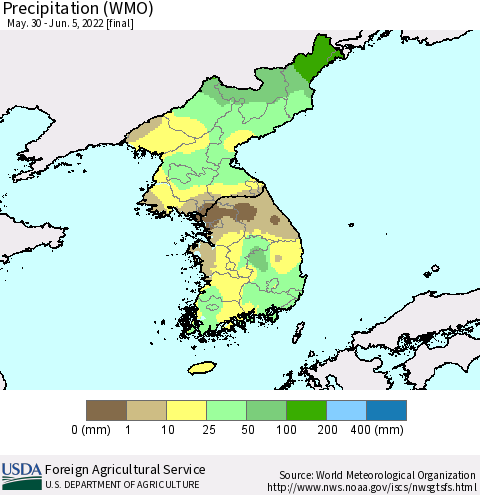 Korea Precipitation (WMO) Thematic Map For 5/30/2022 - 6/5/2022