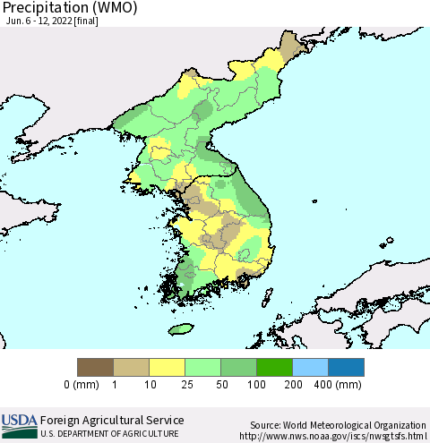 Korea Precipitation (WMO) Thematic Map For 6/6/2022 - 6/12/2022