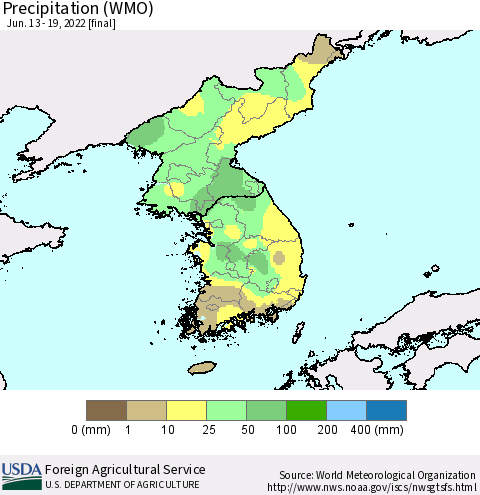 Korea Precipitation (WMO) Thematic Map For 6/13/2022 - 6/19/2022