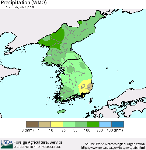 Korea Precipitation (WMO) Thematic Map For 6/20/2022 - 6/26/2022