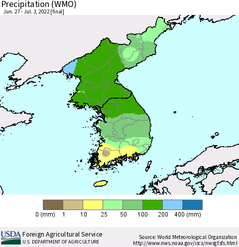 Korea Precipitation (WMO) Thematic Map For 6/27/2022 - 7/3/2022