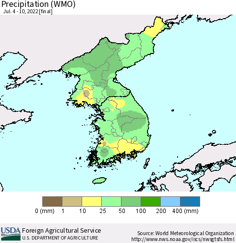 Korea Precipitation (WMO) Thematic Map For 7/4/2022 - 7/10/2022