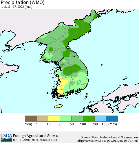Korea Precipitation (WMO) Thematic Map For 7/11/2022 - 7/17/2022