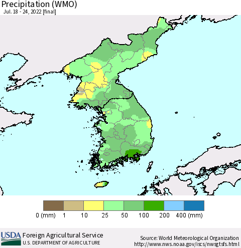 Korea Precipitation (WMO) Thematic Map For 7/18/2022 - 7/24/2022