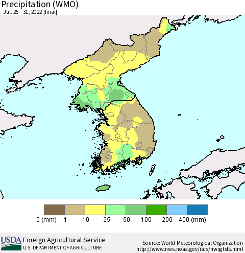 Korea Precipitation (WMO) Thematic Map For 7/25/2022 - 7/31/2022