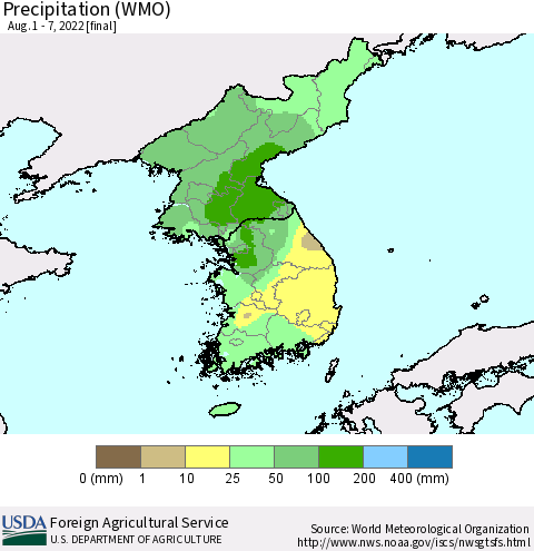Korea Precipitation (WMO) Thematic Map For 8/1/2022 - 8/7/2022