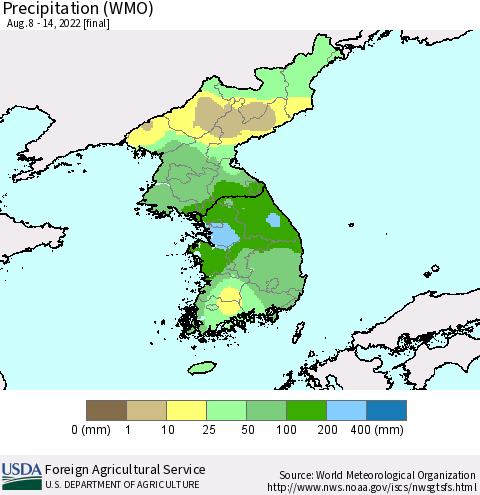 Korea Precipitation (WMO) Thematic Map For 8/8/2022 - 8/14/2022