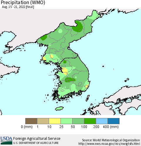 Korea Precipitation (WMO) Thematic Map For 8/15/2022 - 8/21/2022