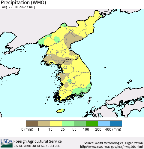 Korea Precipitation (WMO) Thematic Map For 8/22/2022 - 8/28/2022