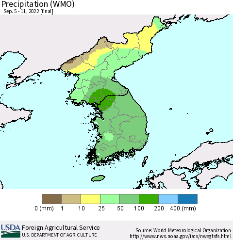 Korea Precipitation (WMO) Thematic Map For 9/5/2022 - 9/11/2022