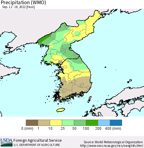 Korea Precipitation (WMO) Thematic Map For 9/12/2022 - 9/18/2022