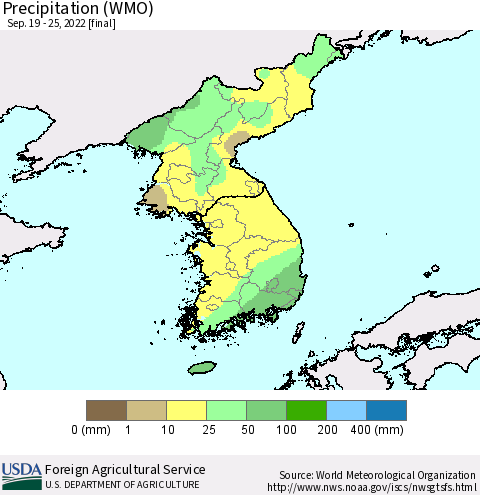 Korea Precipitation (WMO) Thematic Map For 9/19/2022 - 9/25/2022