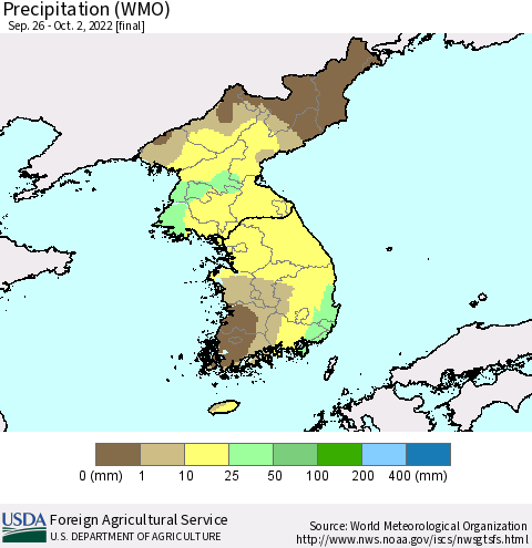 Korea Precipitation (WMO) Thematic Map For 9/26/2022 - 10/2/2022