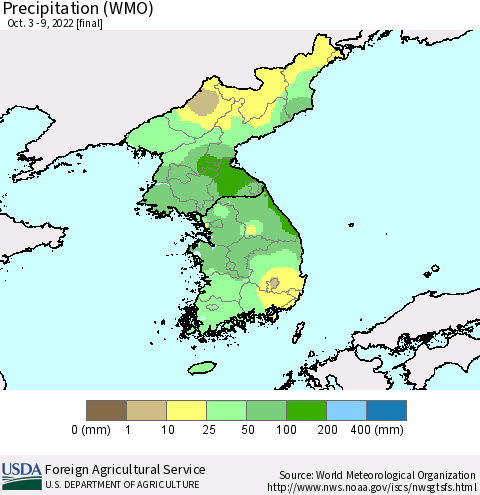 Korea Precipitation (WMO) Thematic Map For 10/3/2022 - 10/9/2022