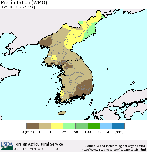 Korea Precipitation (WMO) Thematic Map For 10/10/2022 - 10/16/2022
