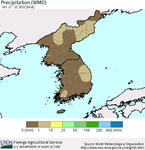 Korea Precipitation (WMO) Thematic Map For 10/17/2022 - 10/23/2022