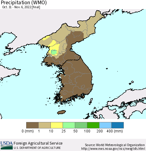 Korea Precipitation (WMO) Thematic Map For 10/31/2022 - 11/6/2022