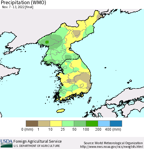 Korea Precipitation (WMO) Thematic Map For 11/7/2022 - 11/13/2022