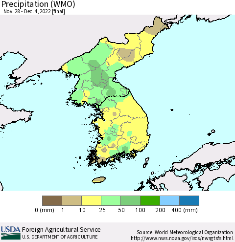Korea Precipitation (WMO) Thematic Map For 11/28/2022 - 12/4/2022