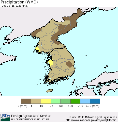 Korea Precipitation (WMO) Thematic Map For 12/12/2022 - 12/18/2022