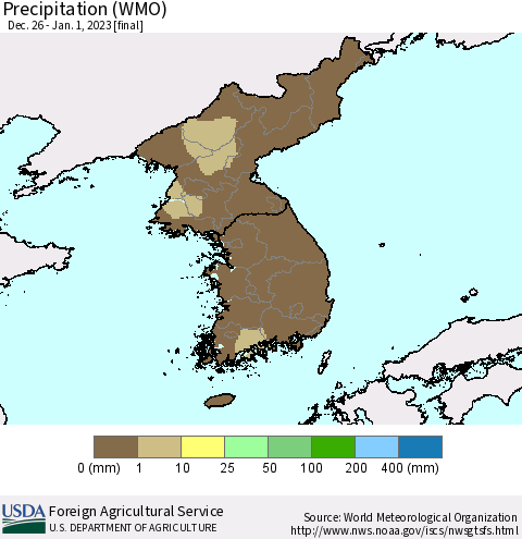Korea Precipitation (WMO) Thematic Map For 12/26/2022 - 1/1/2023