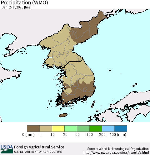 Korea Precipitation (WMO) Thematic Map For 1/2/2023 - 1/8/2023
