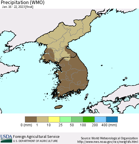 Korea Precipitation (WMO) Thematic Map For 1/16/2023 - 1/22/2023
