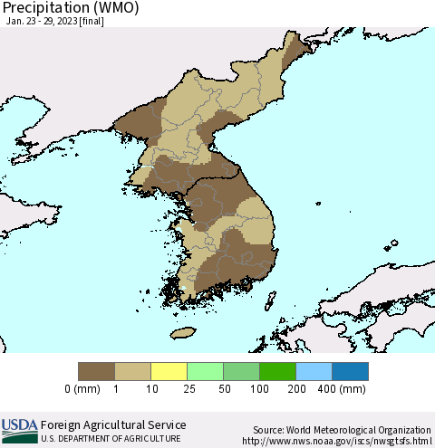 Korea Precipitation (WMO) Thematic Map For 1/23/2023 - 1/29/2023