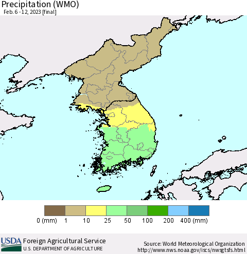 Korea Precipitation (WMO) Thematic Map For 2/6/2023 - 2/12/2023