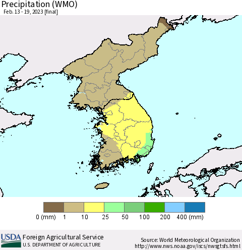 Korea Precipitation (WMO) Thematic Map For 2/13/2023 - 2/19/2023