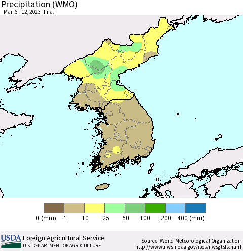 Korea Precipitation (WMO) Thematic Map For 3/6/2023 - 3/12/2023