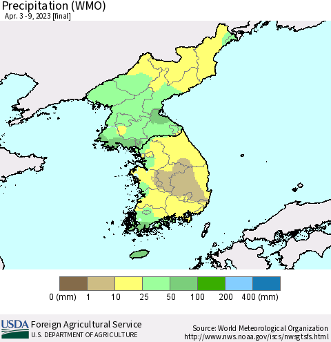 Korea Precipitation (WMO) Thematic Map For 4/3/2023 - 4/9/2023