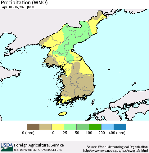 Korea Precipitation (WMO) Thematic Map For 4/10/2023 - 4/16/2023