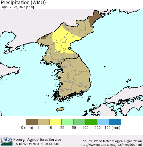 Korea Precipitation (WMO) Thematic Map For 4/17/2023 - 4/23/2023