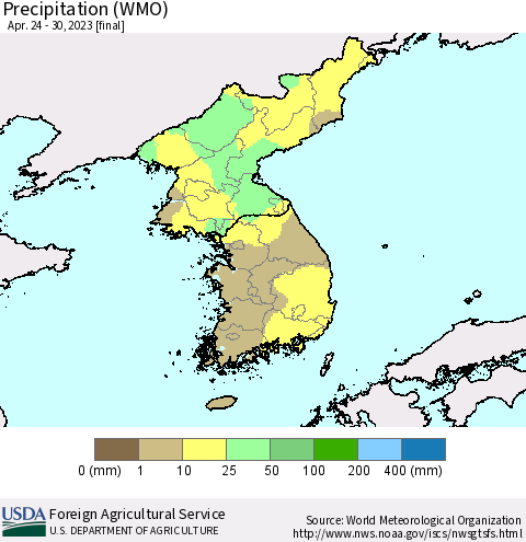 Korea Precipitation (WMO) Thematic Map For 4/24/2023 - 4/30/2023