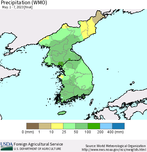 Korea Precipitation (WMO) Thematic Map For 5/1/2023 - 5/7/2023