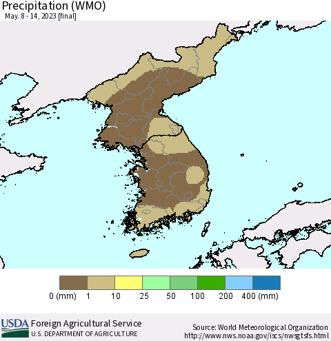 Korea Precipitation (WMO) Thematic Map For 5/8/2023 - 5/14/2023