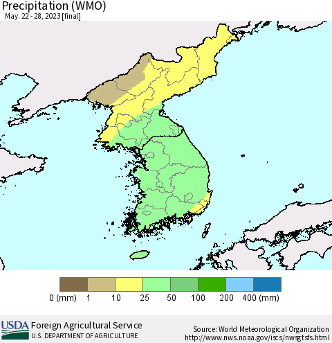 Korea Precipitation (WMO) Thematic Map For 5/22/2023 - 5/28/2023