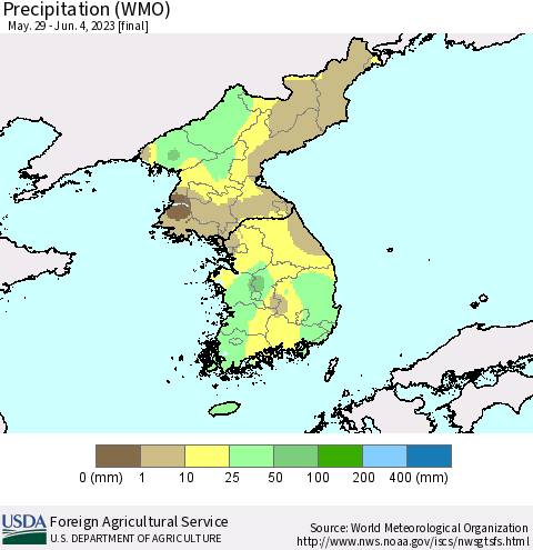 Korea Precipitation (WMO) Thematic Map For 5/29/2023 - 6/4/2023